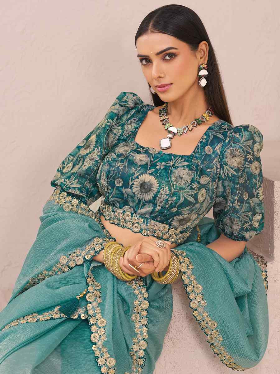 Blue Fancy Silk Plain Party Bridal Reception Festival Wedding Fancy Heavy Border Saree