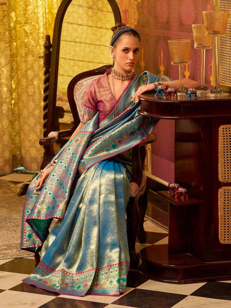Blue Fancy Tissue Silk  Handwoven Festival Wedding Fancy Heavy Border Saree
