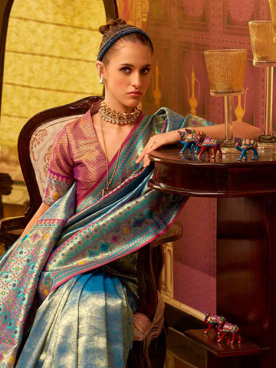 Blue Fancy Tissue Silk  Handwoven Festival Wedding Fancy Heavy Border Saree