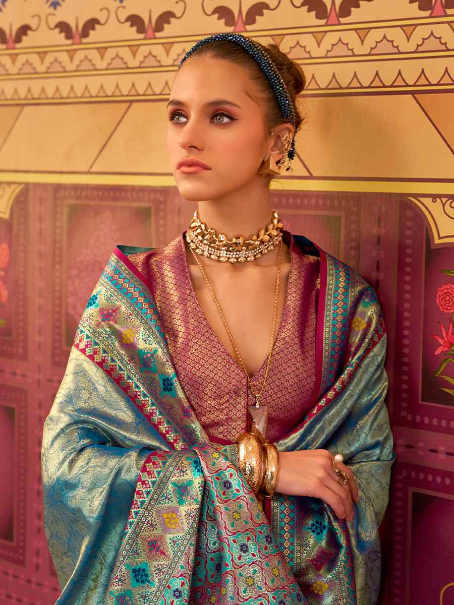 Blue Fancy Tissue Silk  Handwoven Festival Wedding Fancy Heavy Border Saree