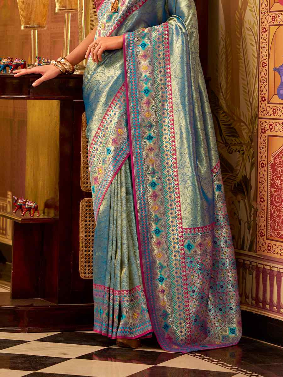 Blue Fancy Tissue Silk  Handwoven Festival Wedding Fancy Heavy Border Saree