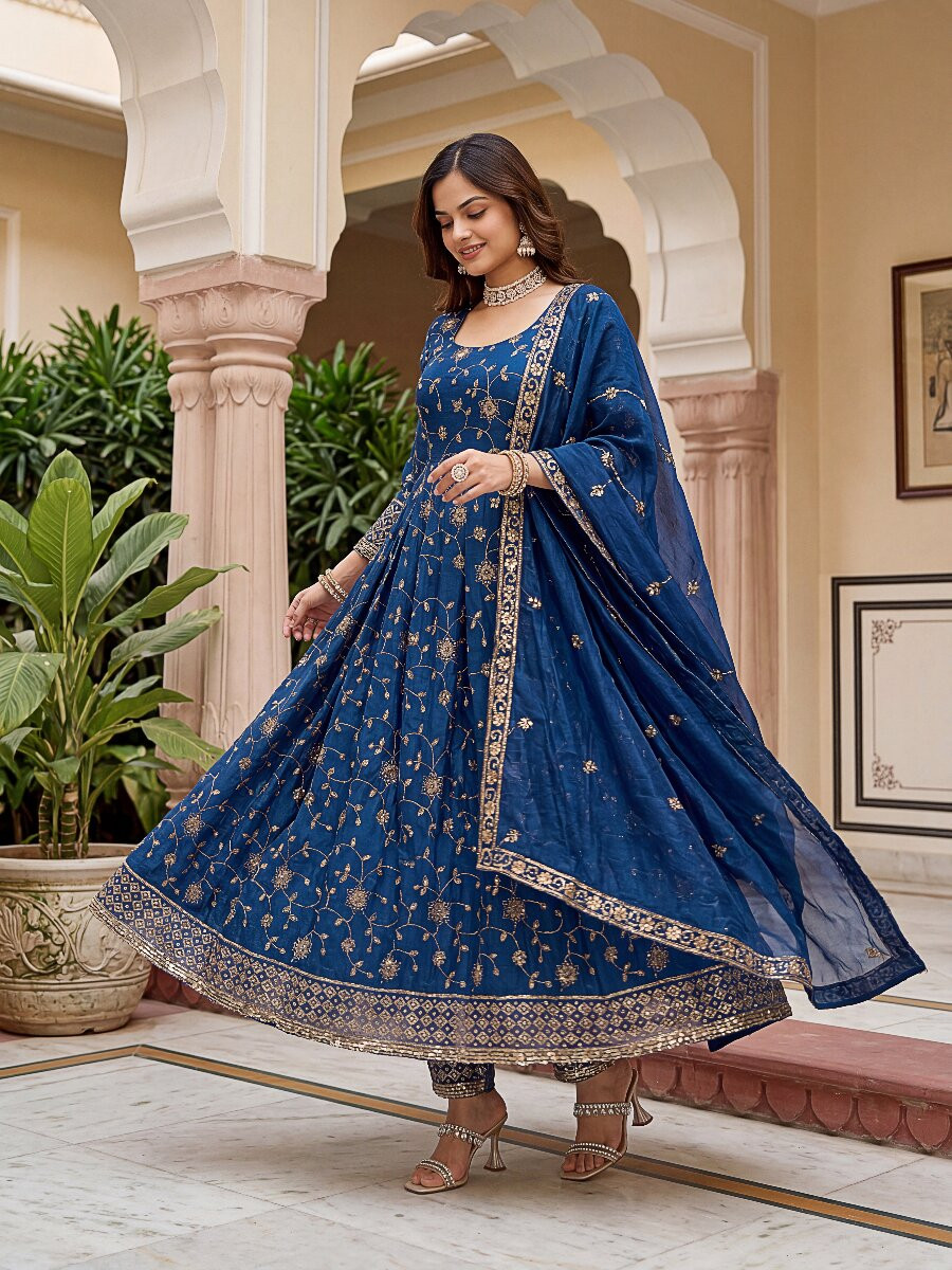 Blue Fandy Silk Embroidery Zari Sequins Lace Work Wedding Party Festival Casual Ready Anarkali Pant Salwar Kameez