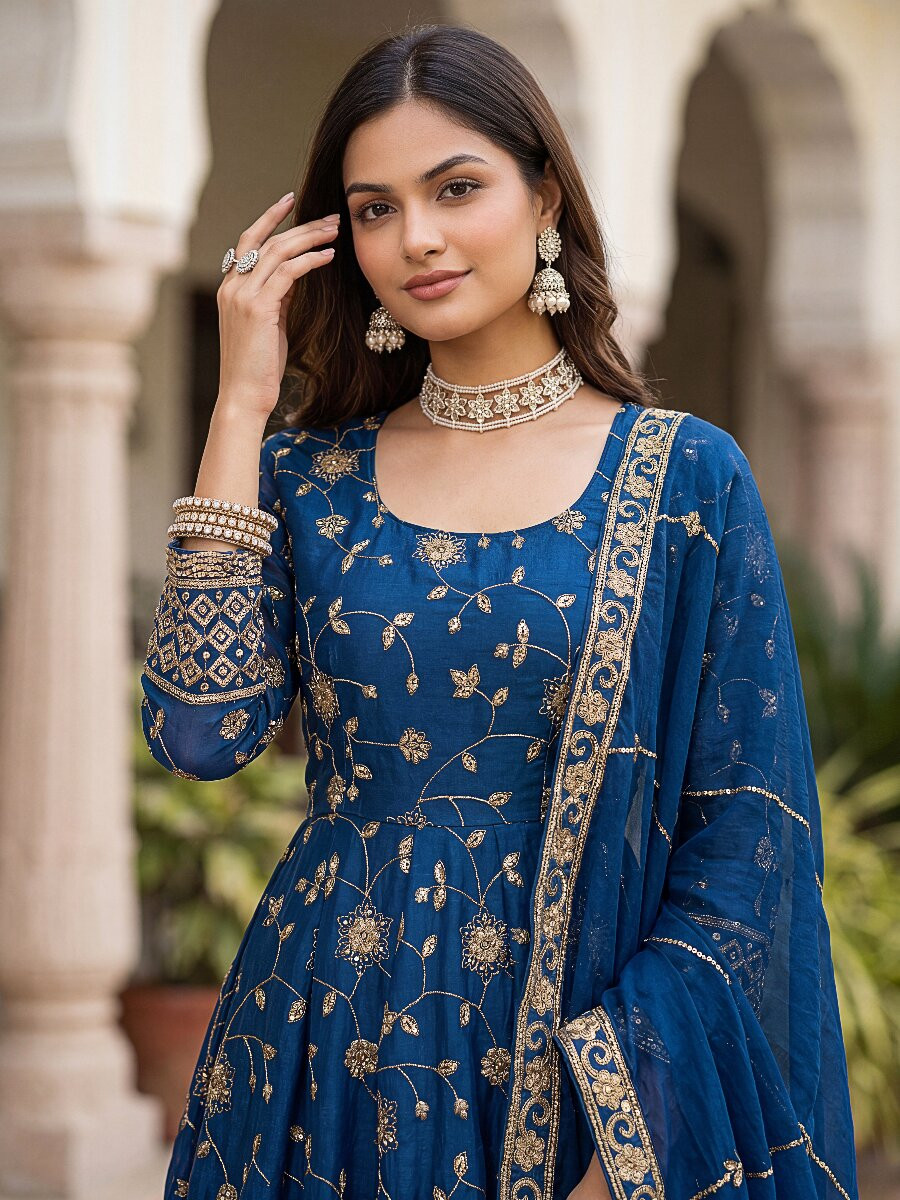 Blue Fandy Silk Embroidery Zari Sequins Lace Work Wedding Party Festival Casual Ready Anarkali Pant Salwar Kameez