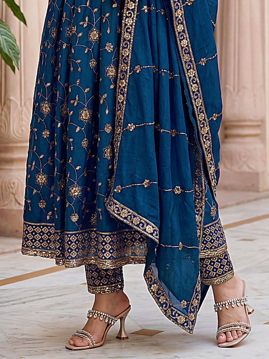 Blue Fandy Silk Embroidery Zari Sequins Lace Work Wedding Party Festival Casual Ready Anarkali Pant Salwar Kameez