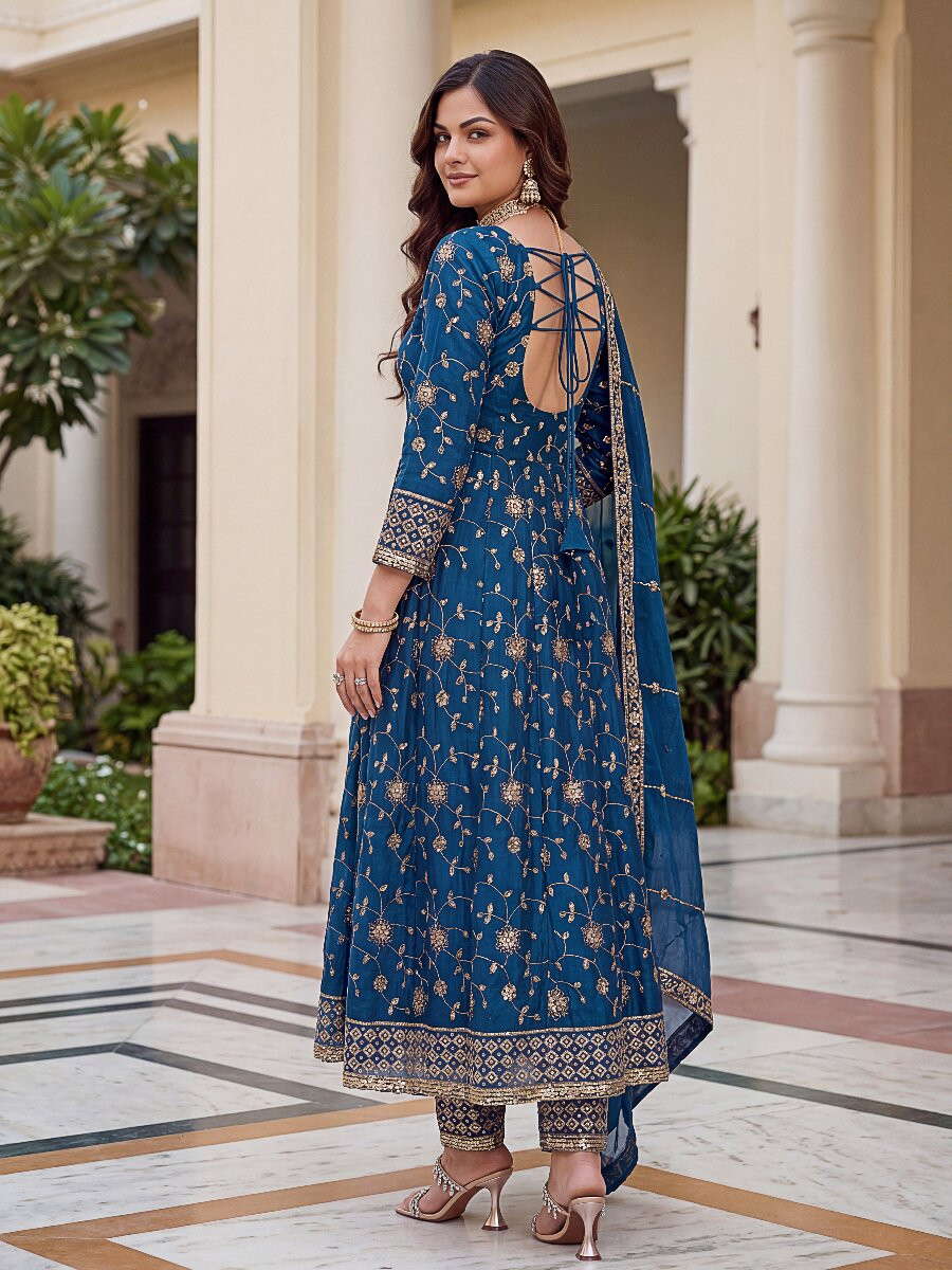 Blue Fandy Silk Embroidery Zari Sequins Lace Work Wedding Party Festival Casual Ready Anarkali Pant Salwar Kameez