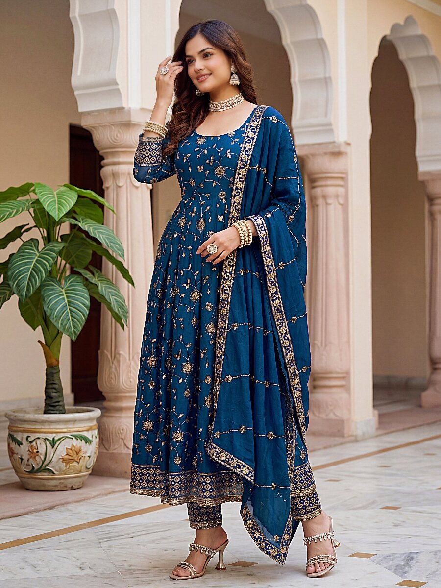 Blue Fandy Silk Embroidery Zari Sequins Lace Work Wedding Party Festival Casual Ready Anarkali Pant Salwar Kameez