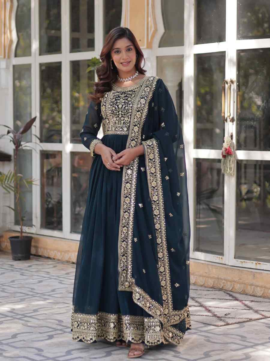 Blue Faux Blooming Embroidered Festival Casual Gown