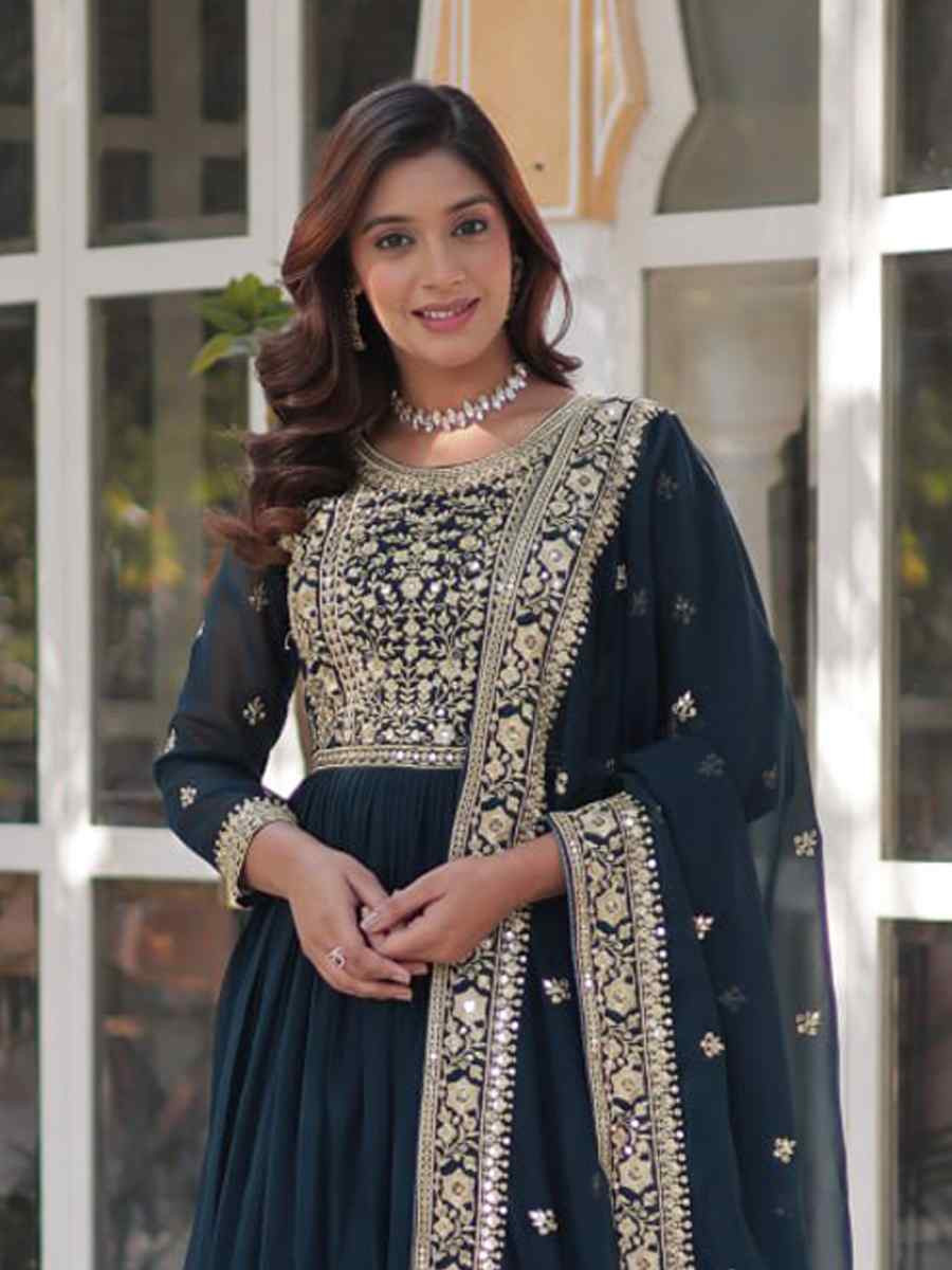 Blue Faux Blooming Embroidered Festival Casual Gown