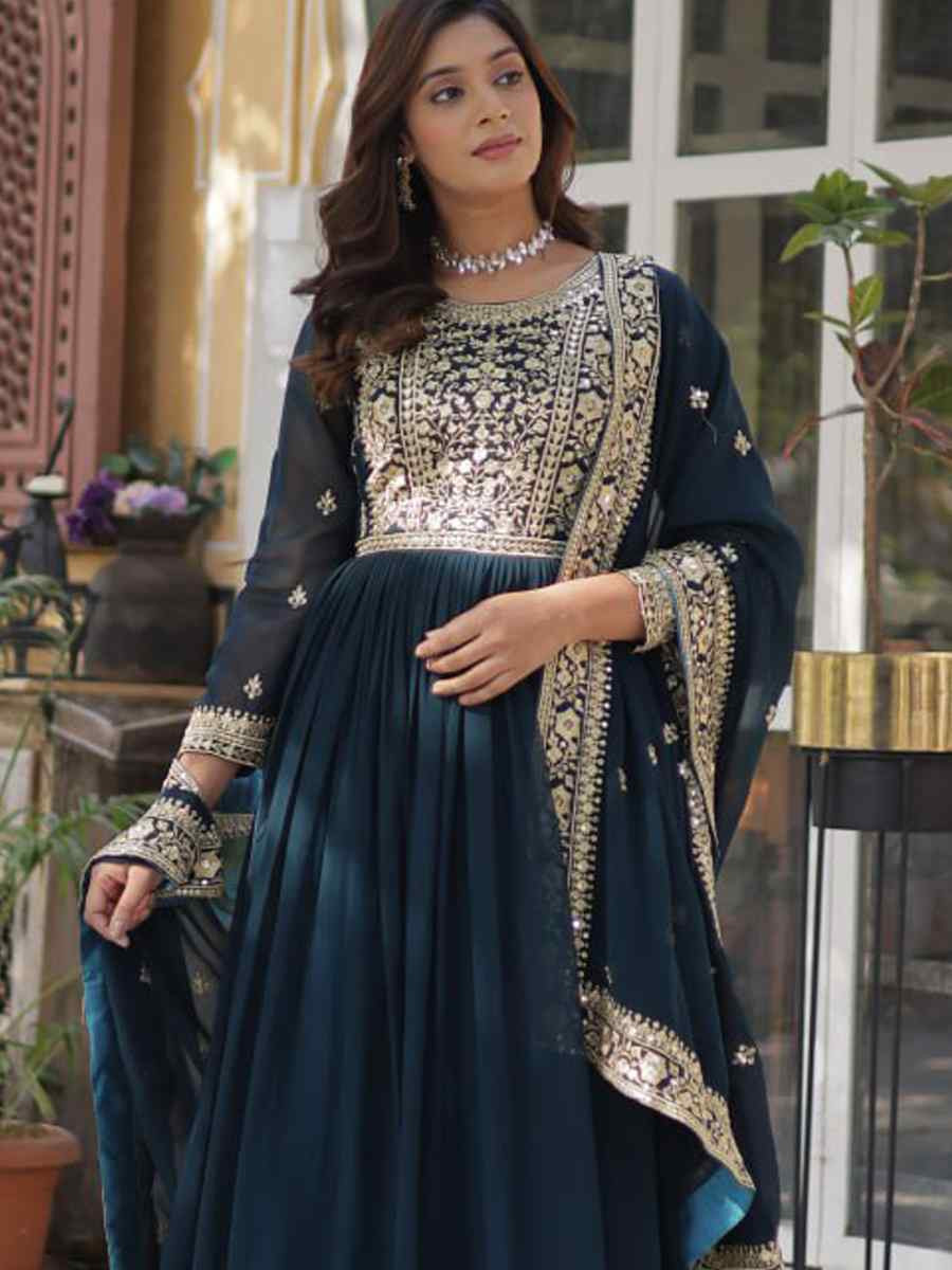 Blue Faux Blooming Embroidered Festival Casual Gown