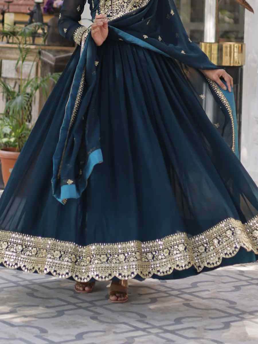 Blue Faux Blooming Embroidered Festival Casual Gown