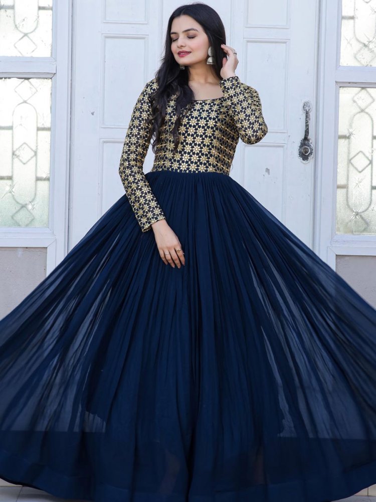 Blue Faux Blooming Embroidered Festival Party Gown
