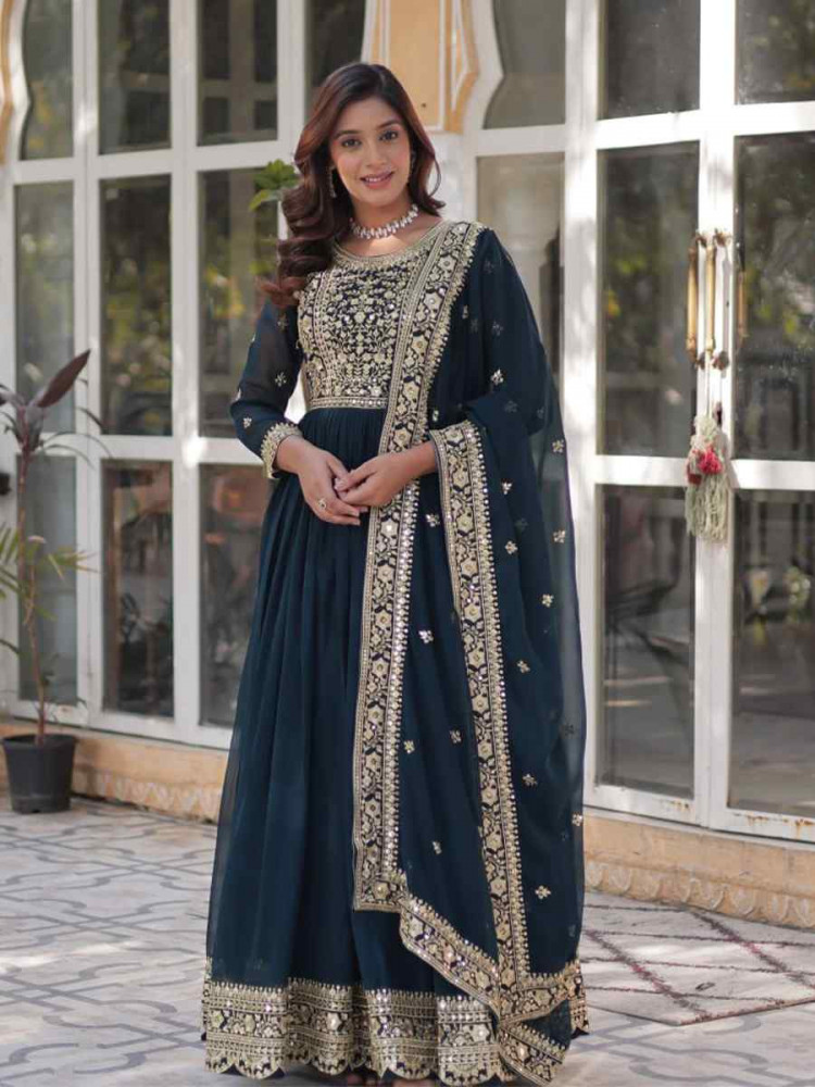 Blue Faux Blooming Embroidered Festival Party Gown