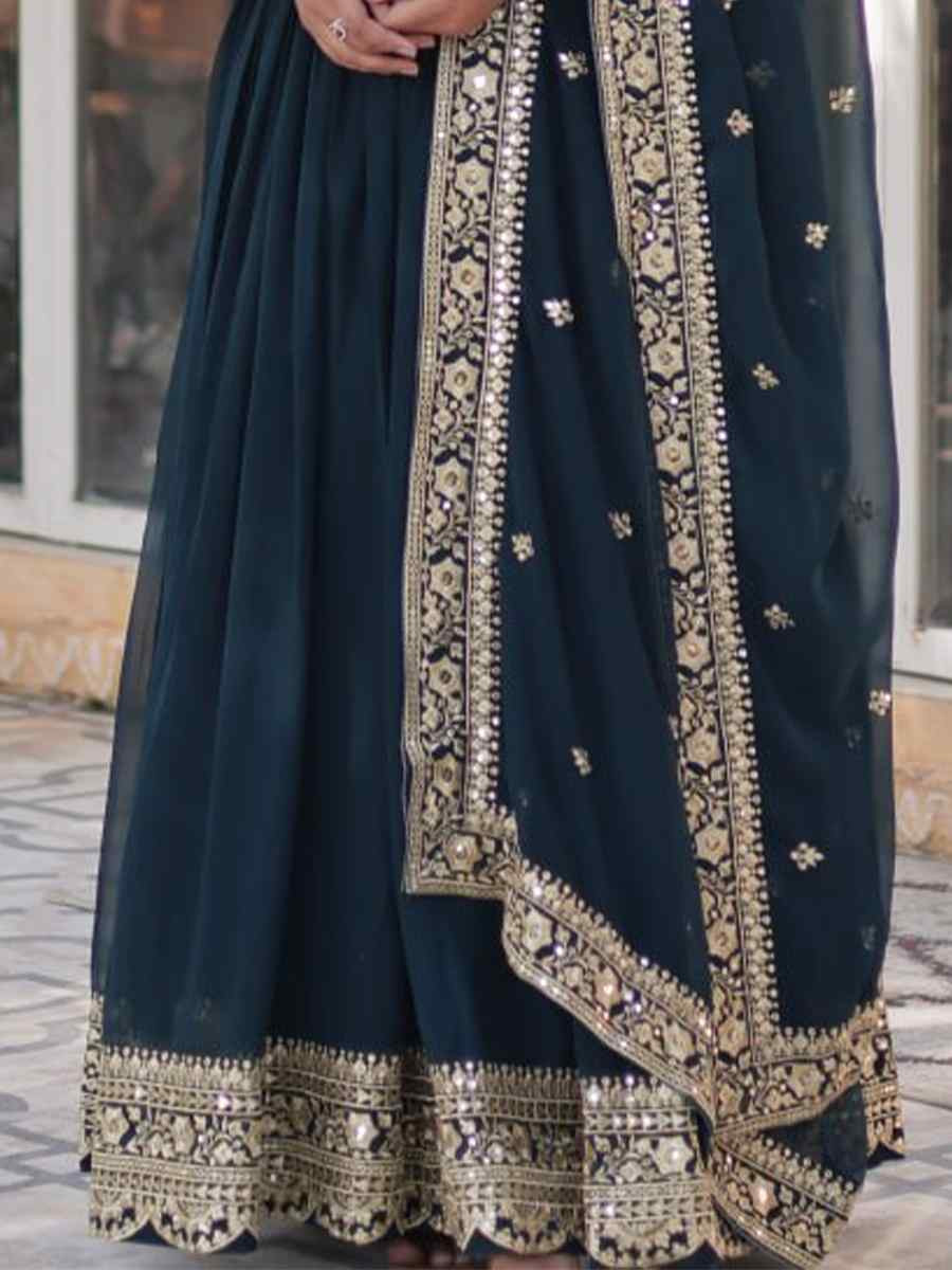 Blue Faux Blooming Embroidered Festival Party Gown