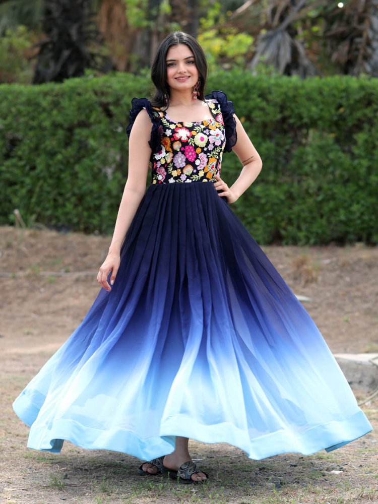 Blue Faux Blooming Embroidered Festival Party Gown