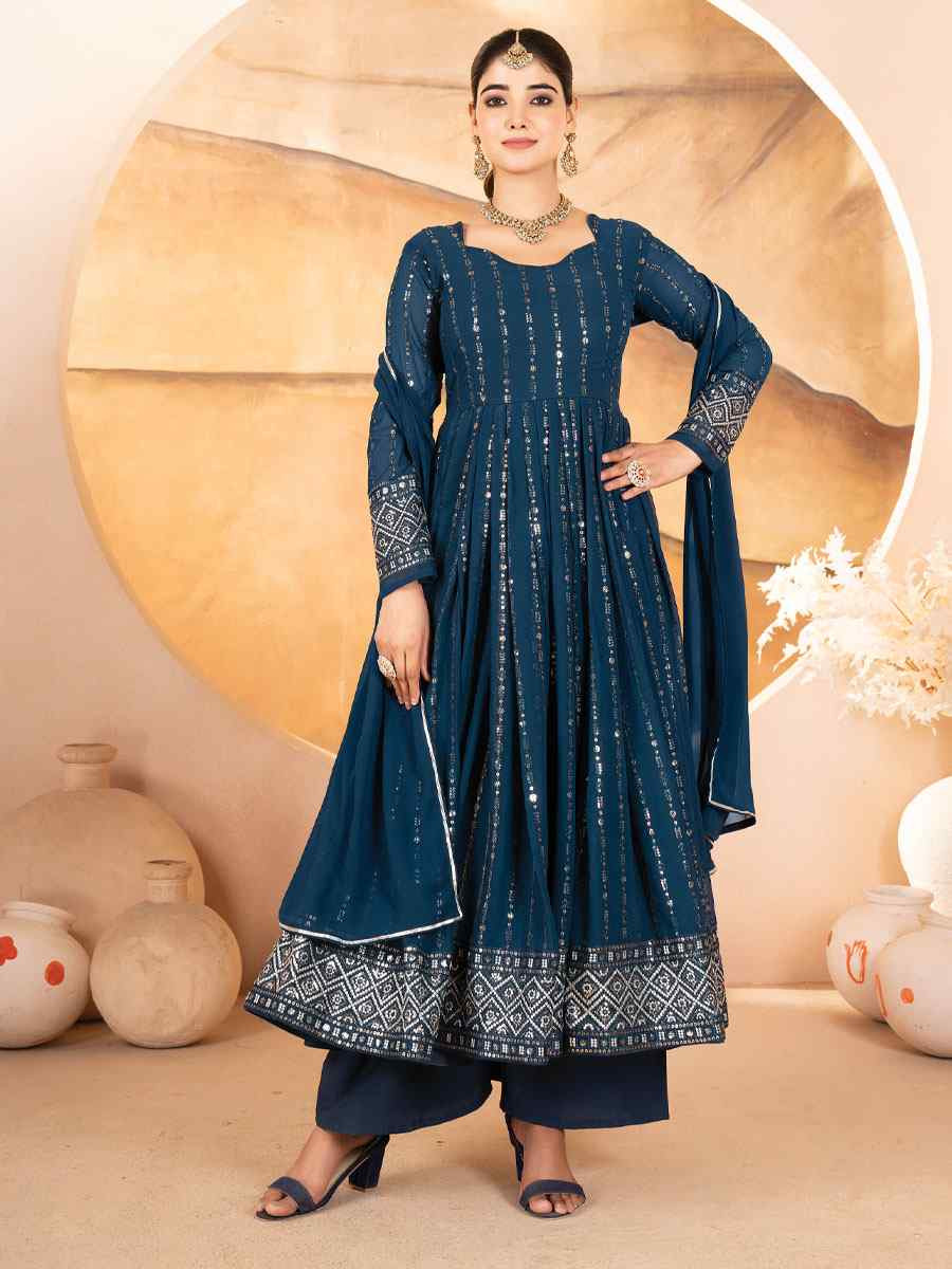 Blue Faux Blooming Georgette Embroidery Party Wedding Festival Casual Ready Anarkali Salwar Kameez
