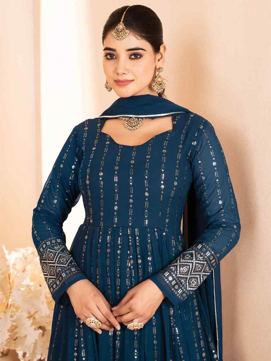 Blue Faux Blooming Georgette Embroidery Party Wedding Festival Casual Ready Anarkali Salwar Kameez