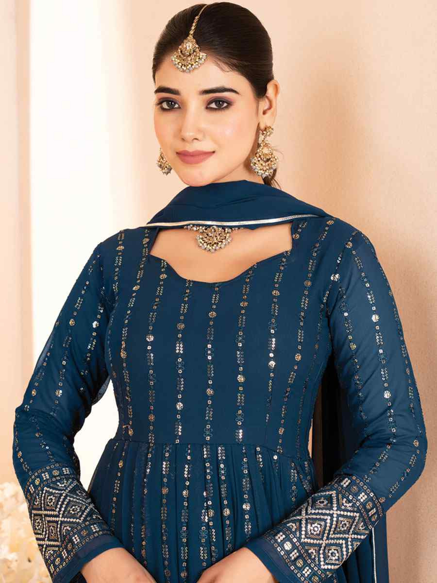 Blue Faux Blooming Georgette Embroidery Party Wedding Festival Casual Ready Anarkali Salwar Kameez