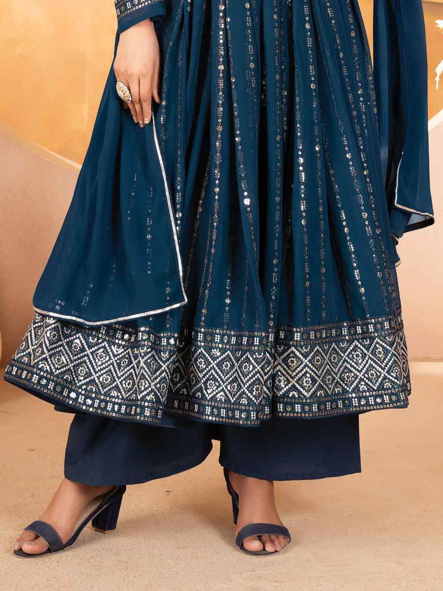 Blue Faux Blooming Georgette Embroidery Party Wedding Festival Casual Ready Anarkali Salwar Kameez