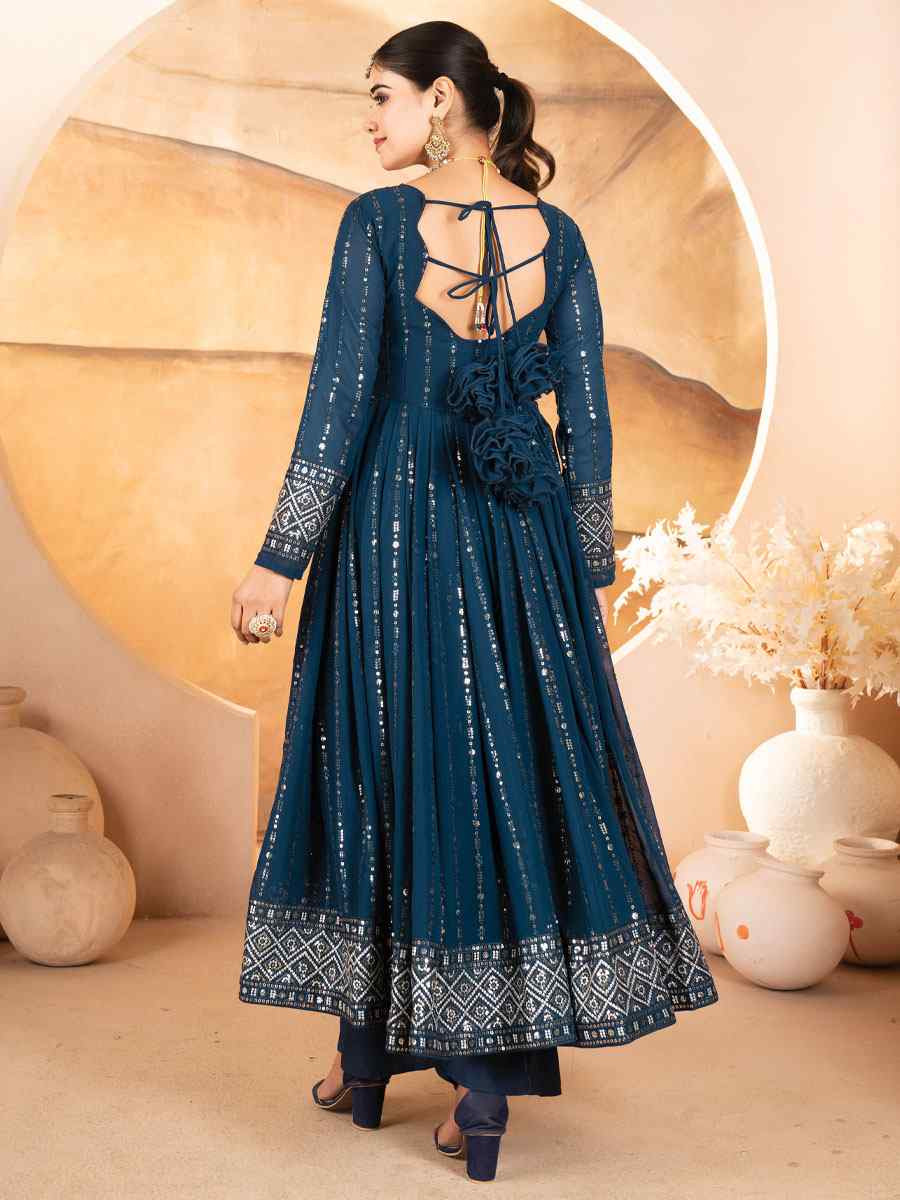 Blue Faux Blooming Georgette Embroidery Party Wedding Festival Casual Ready Anarkali Salwar Kameez