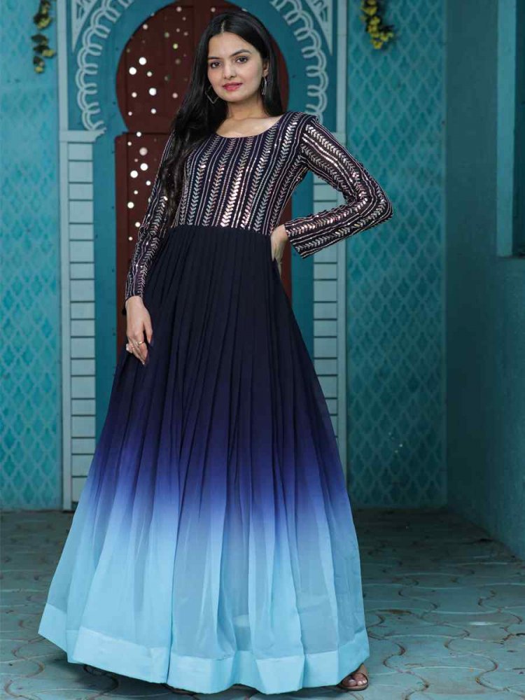 Blue Faux Blooming Handwoven Casual Party Gown