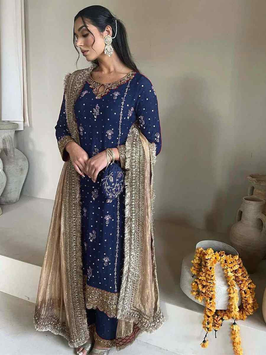 Blue Faux Georgette Embroidered Party Wedding Ready Palazzo Pant Salwar Kameez