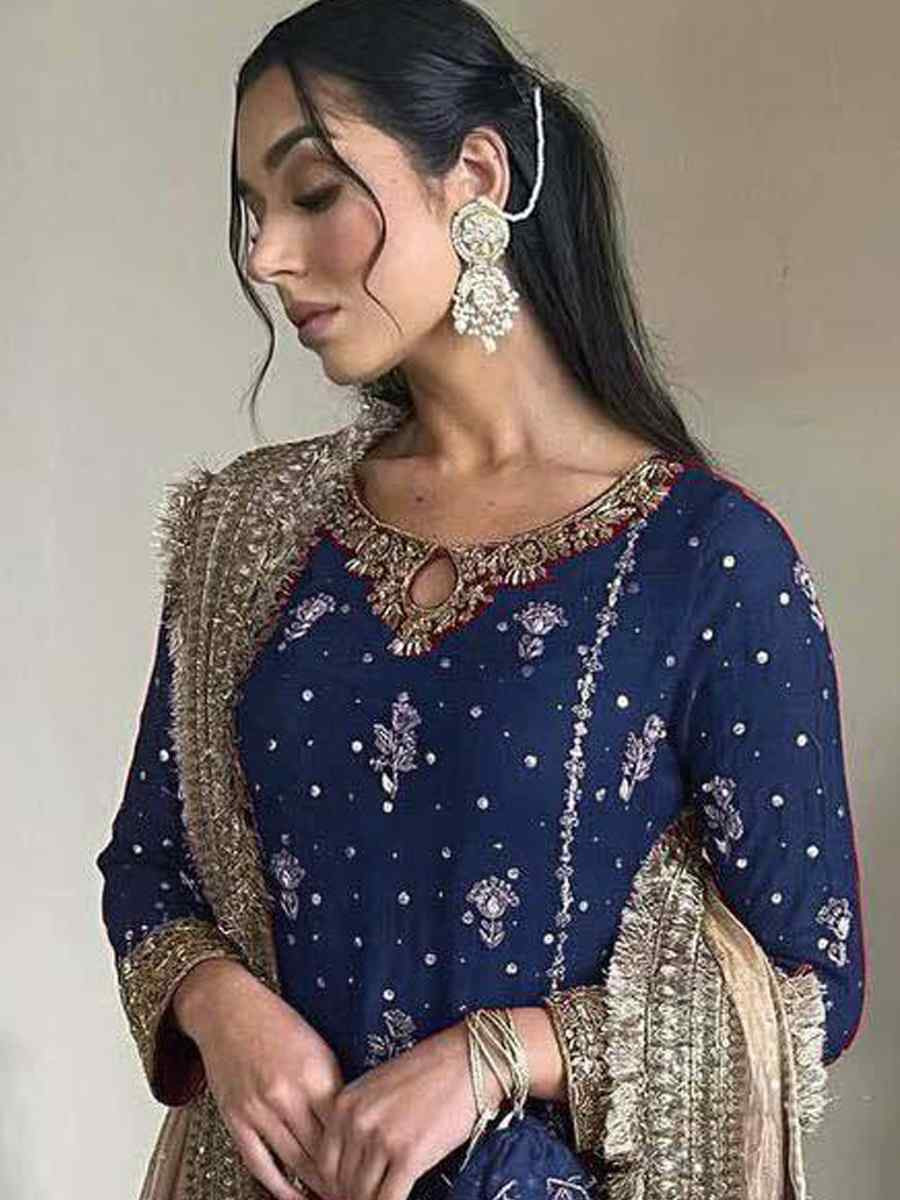 Blue Faux Georgette  Embroidered Party Wedding Ready Palazzo Pant Salwar Kameez