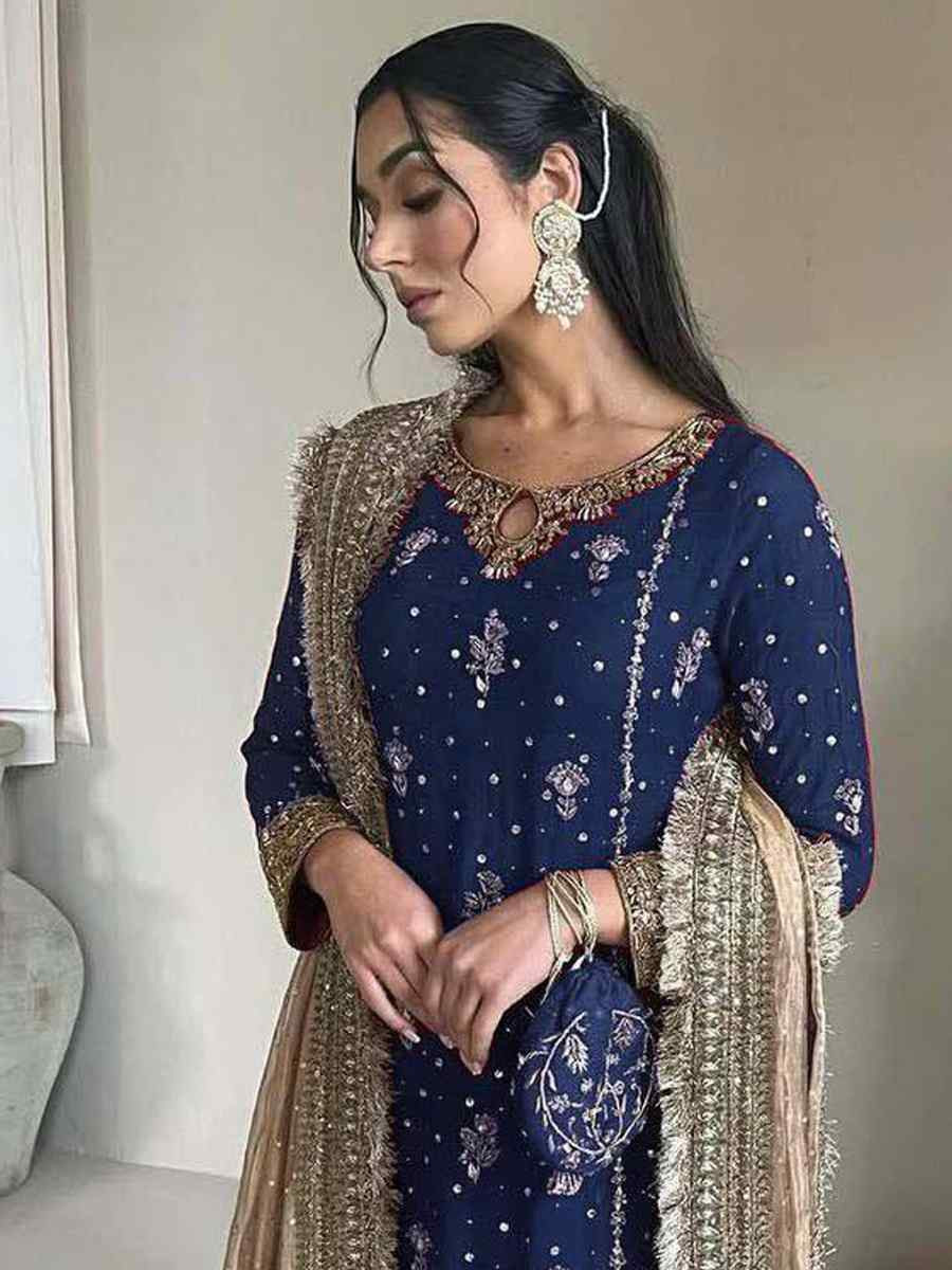 Blue Faux Georgette  Embroidered Party Wedding Ready Palazzo Pant Salwar Kameez