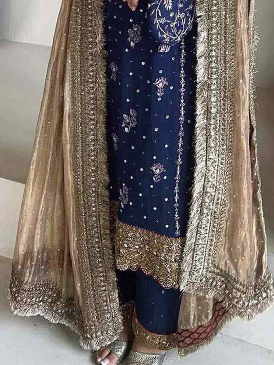 Blue Faux Georgette  Embroidered Party Wedding Ready Palazzo Pant Salwar Kameez