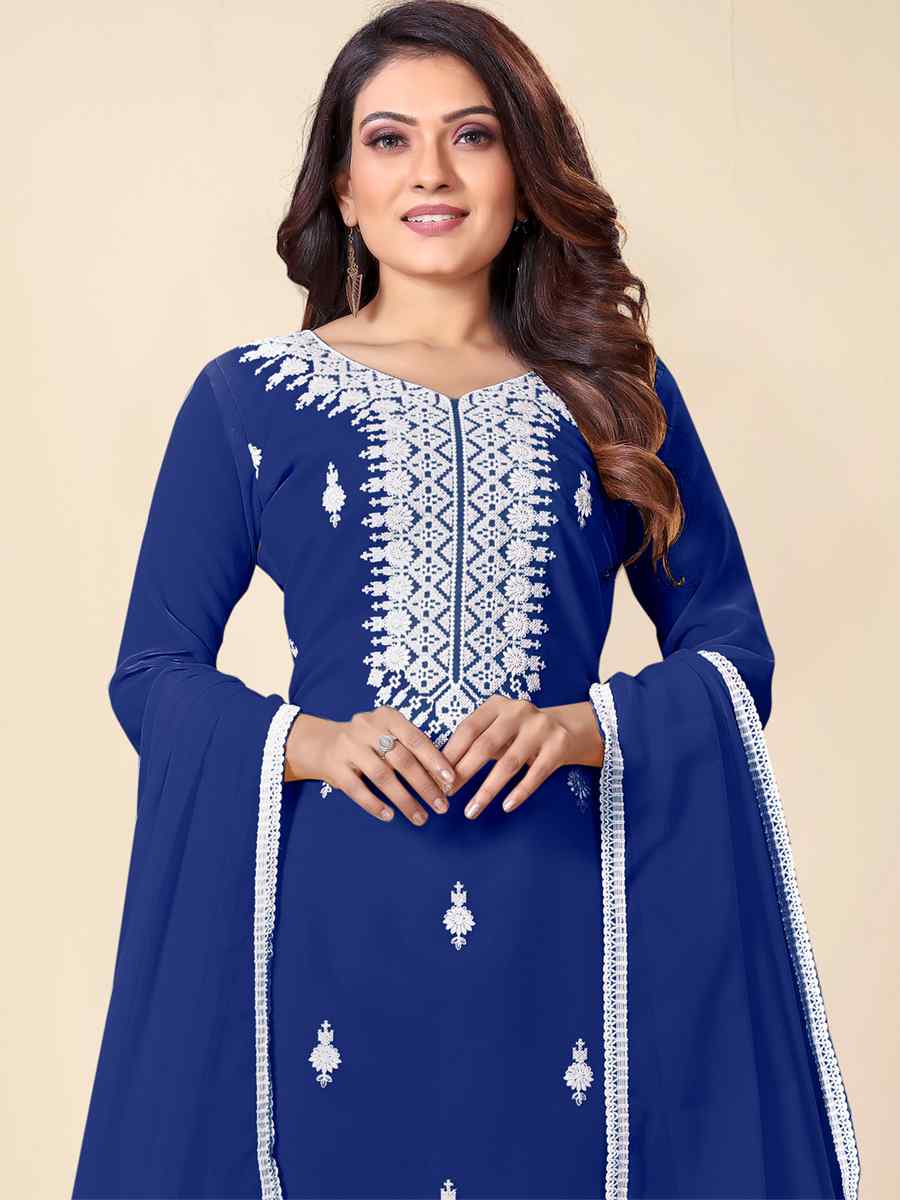 Blue Faux Georgette Embroidered Casual Festival Pant Salwar Kameez