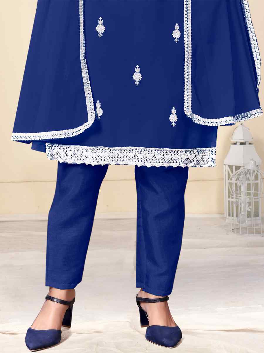 Blue Faux Georgette Embroidered Casual Festival Pant Salwar Kameez