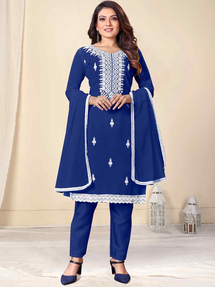 Blue Faux Georgette Embroidered Casual Festival Pant Salwar Kameez