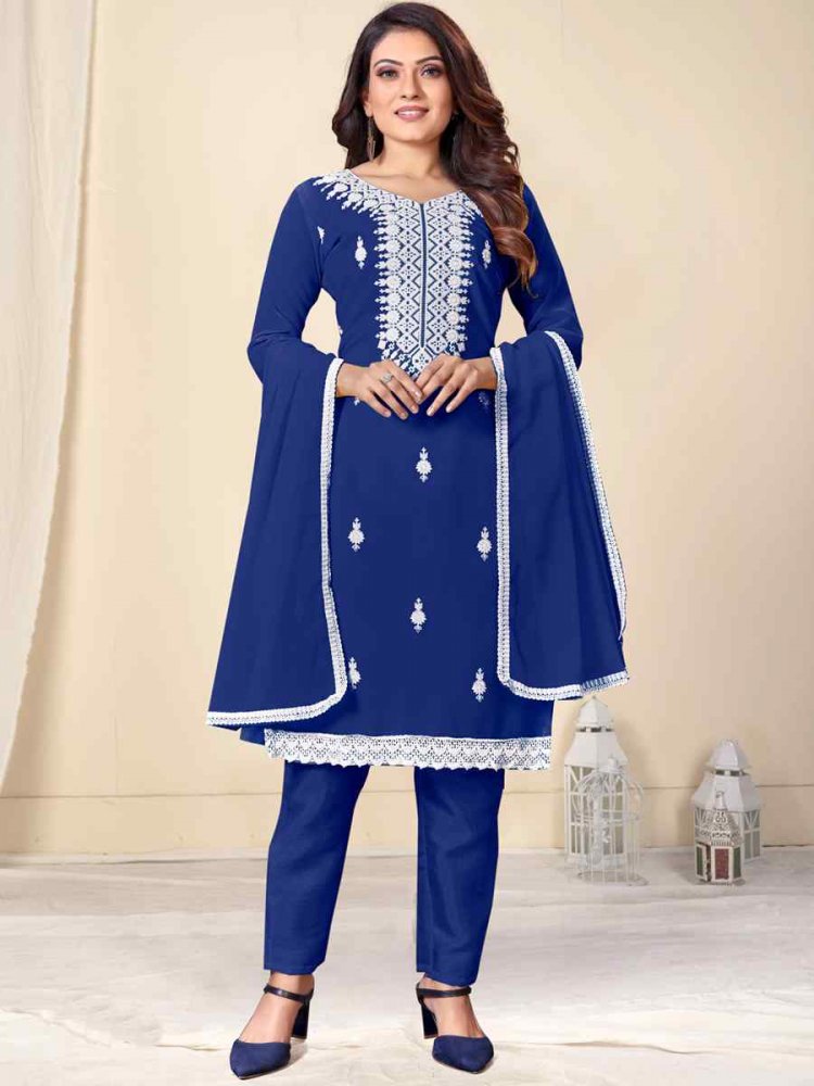 Blue Faux Georgette Embroidered Casual Festival Pant Salwar Kameez