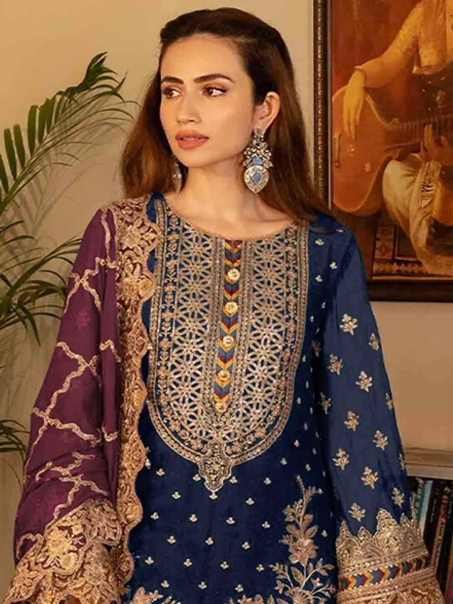 Blue Faux Georgette Embroidered Festival Casual Pant Salwar Kameez