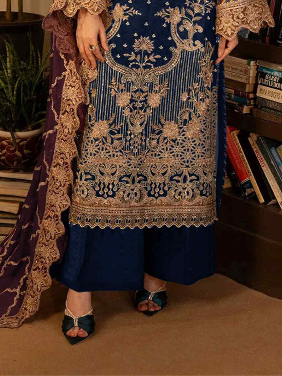 Blue Faux Georgette Embroidered Festival Casual Pant Salwar Kameez