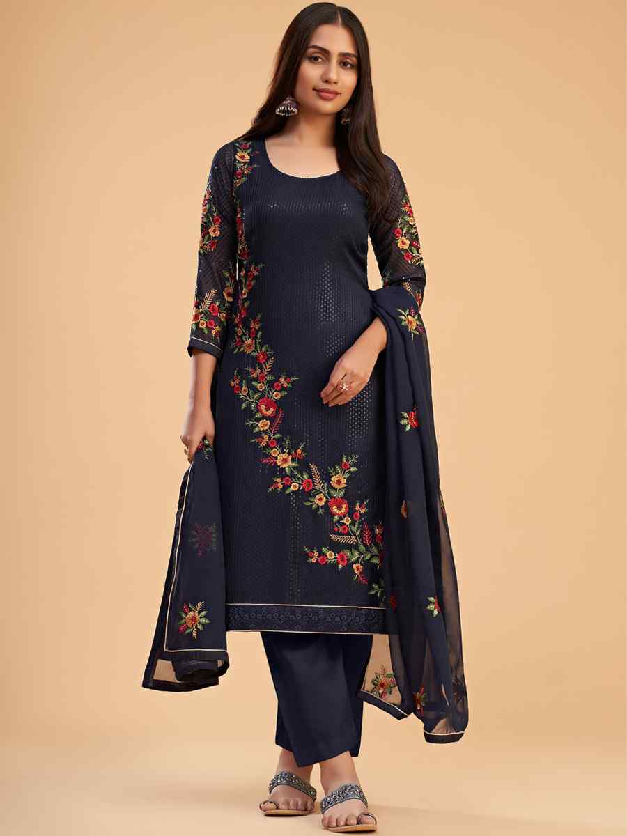 Blue Faux Georgette Embroidered Festival Casual Pant Salwar Kameez