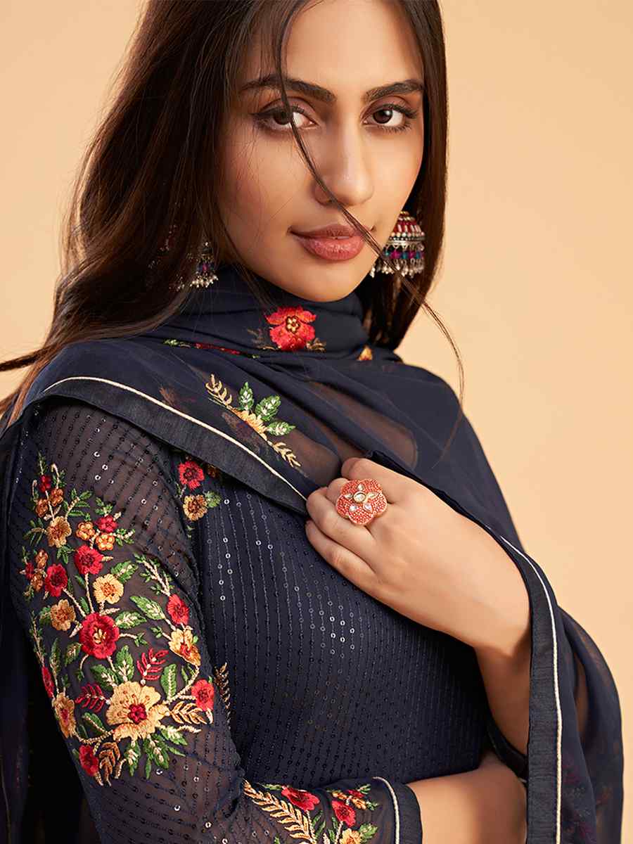 Blue Faux Georgette Embroidered Festival Casual Pant Salwar Kameez