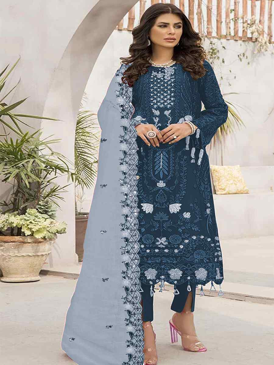 Blue Faux Georgette Embroidered Festival Casual Pant Salwar Kameez