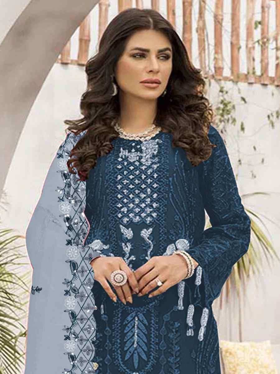 Blue Faux Georgette Embroidered Festival Casual Pant Salwar Kameez
