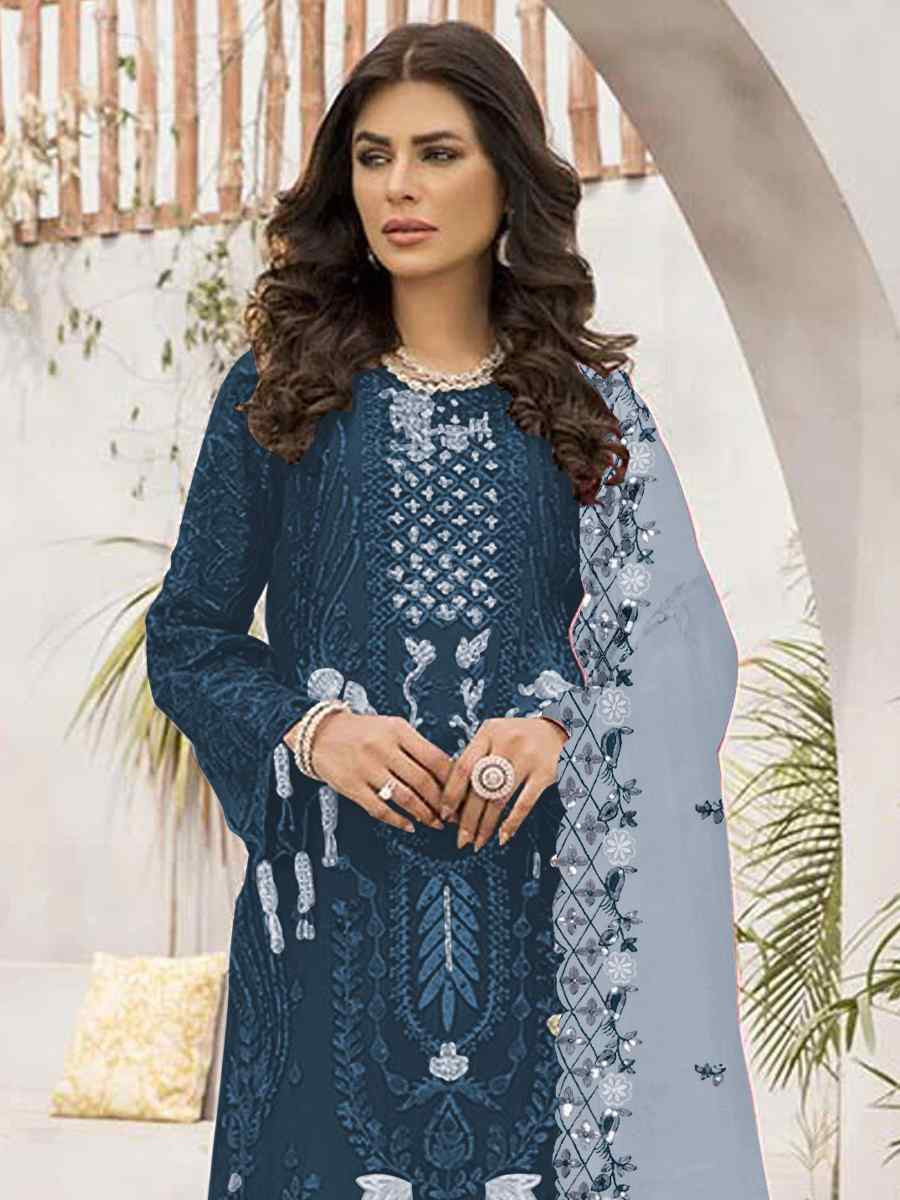 Blue Faux Georgette Embroidered Festival Casual Pant Salwar Kameez