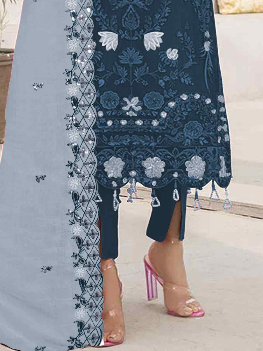 Blue Faux Georgette Embroidered Festival Casual Pant Salwar Kameez