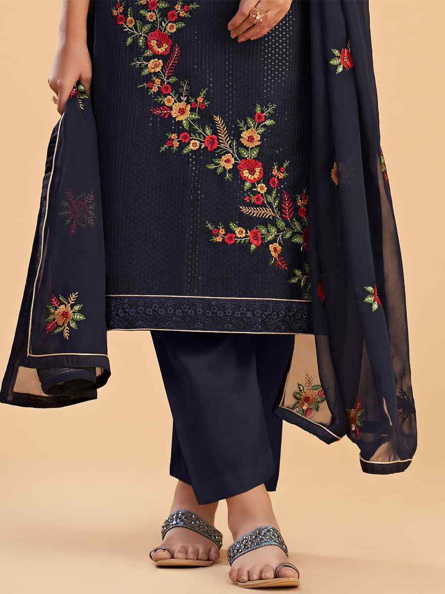 Blue Faux Georgette Embroidered Festival Casual Pant Salwar Kameez