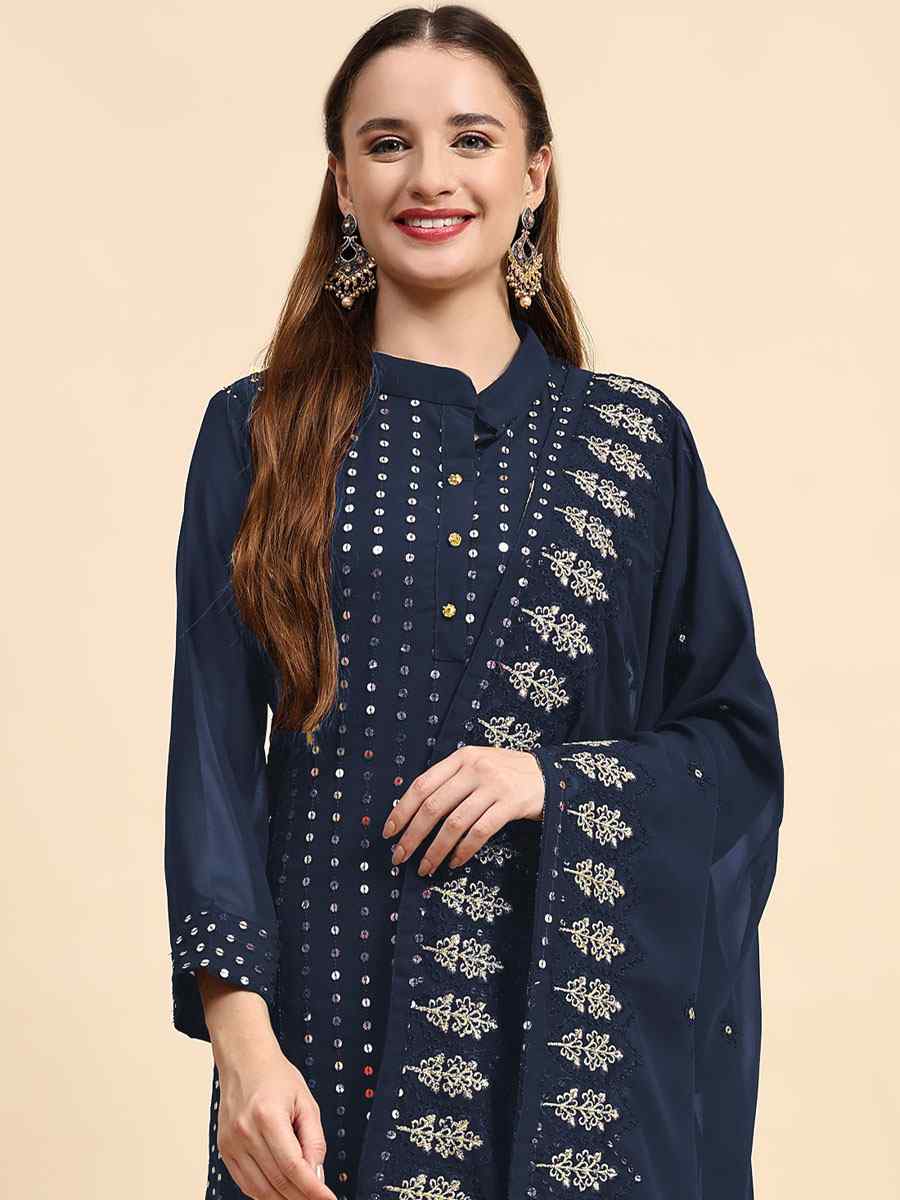 Blue Faux Georgette Embroidered Festival Casual Pant Salwar Kameez