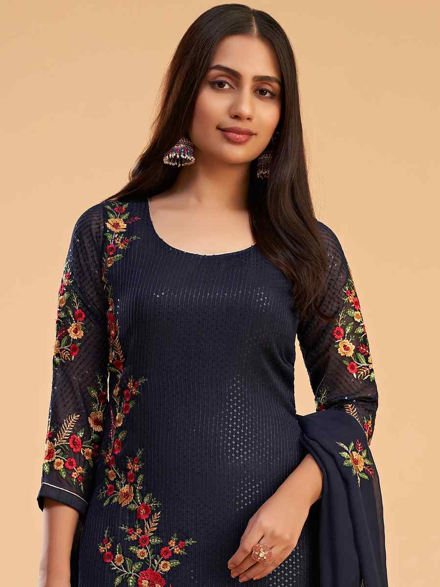 Blue Faux Georgette Embroidered Festival Casual Pant Salwar Kameez