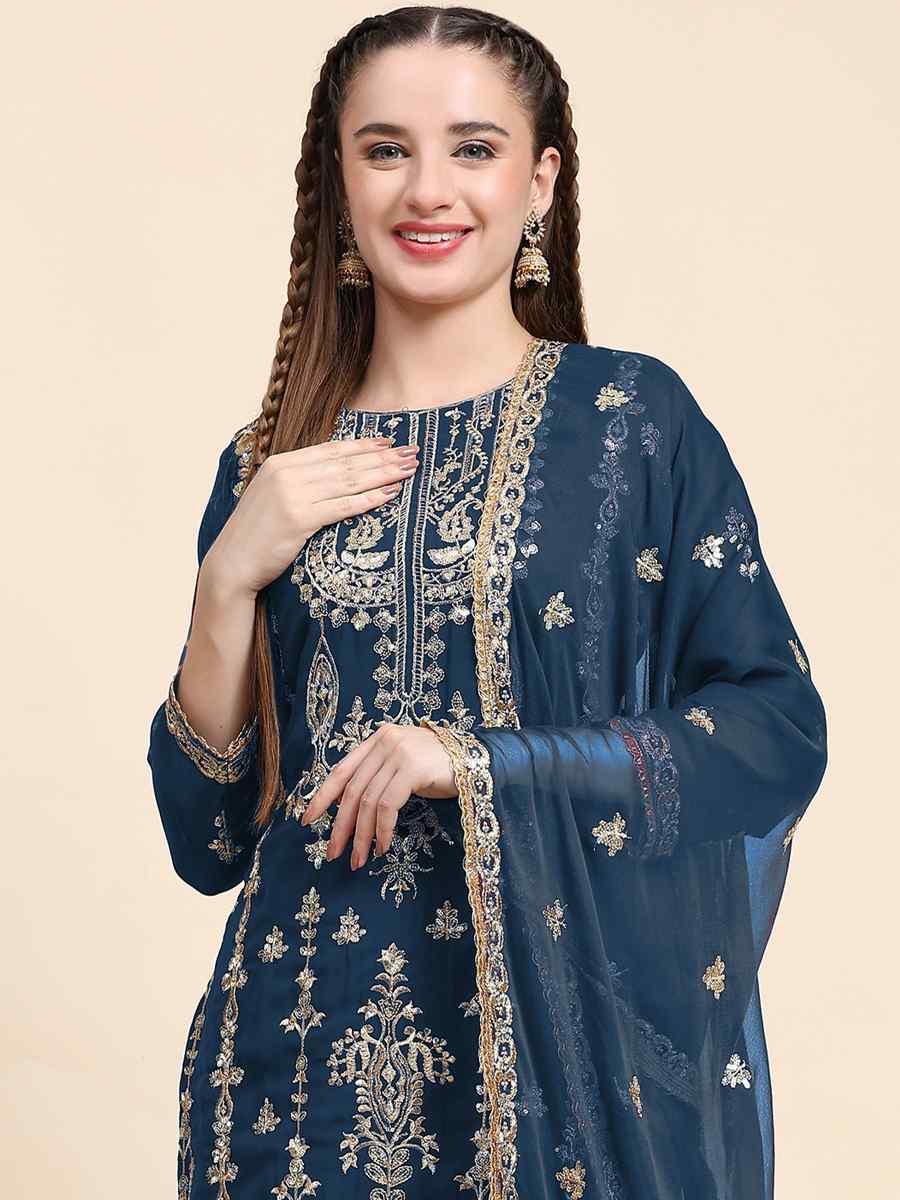 Blue Faux Georgette Embroidered Festival Mehendi Pant Salwar Kameez