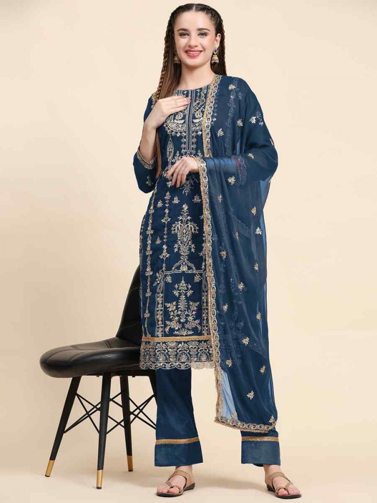 Blue Faux Georgette Embroidered Festival Mehendi Pant Salwar Kameez