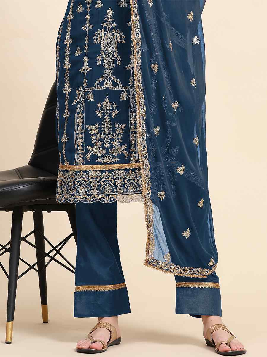 Blue Faux Georgette Embroidered Festival Mehendi Pant Salwar Kameez