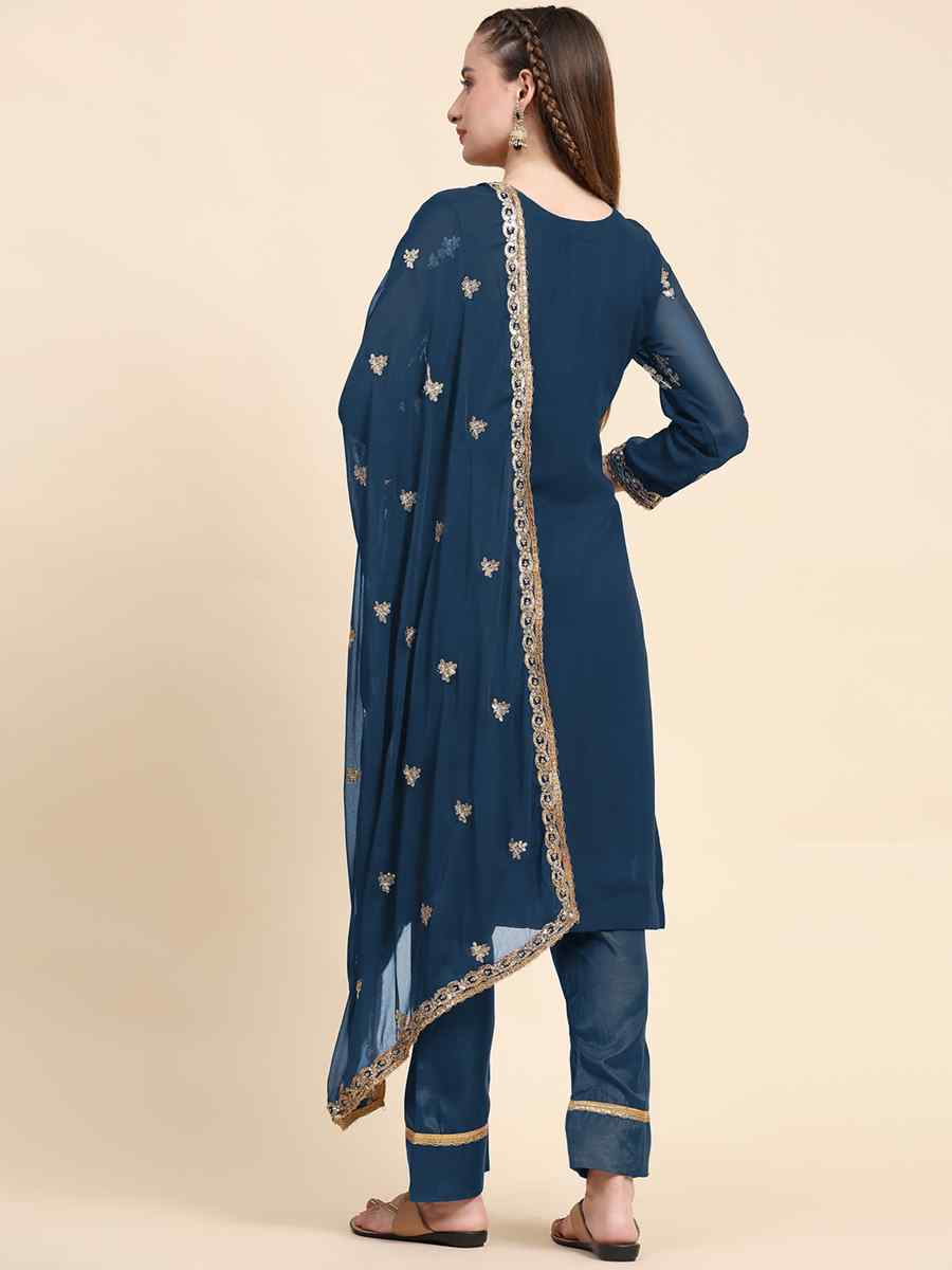 Blue Faux Georgette Embroidered Festival Mehendi Pant Salwar Kameez