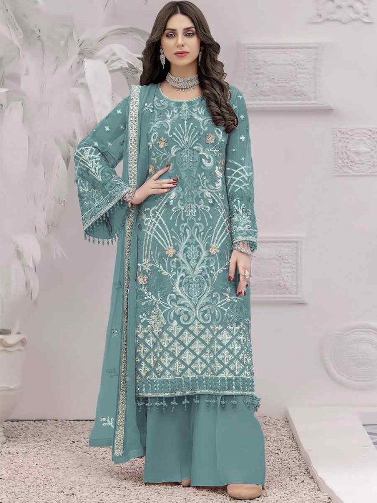 Blue Faux Georgette Embroidered Festival Party Palazzo Pant Salwar Kameez