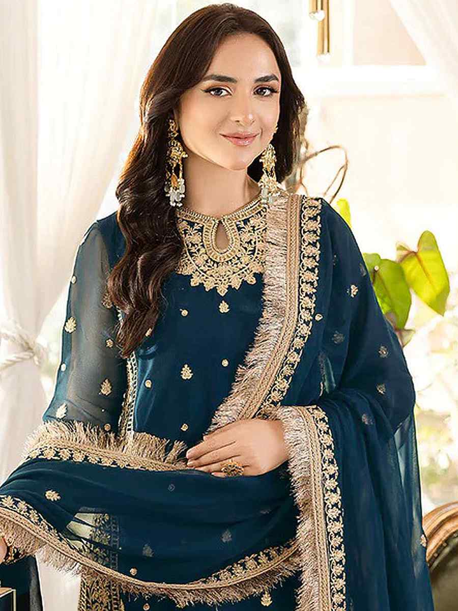 Blue Faux Georgette Embroidered Festival Party Pant Salwar Kameez