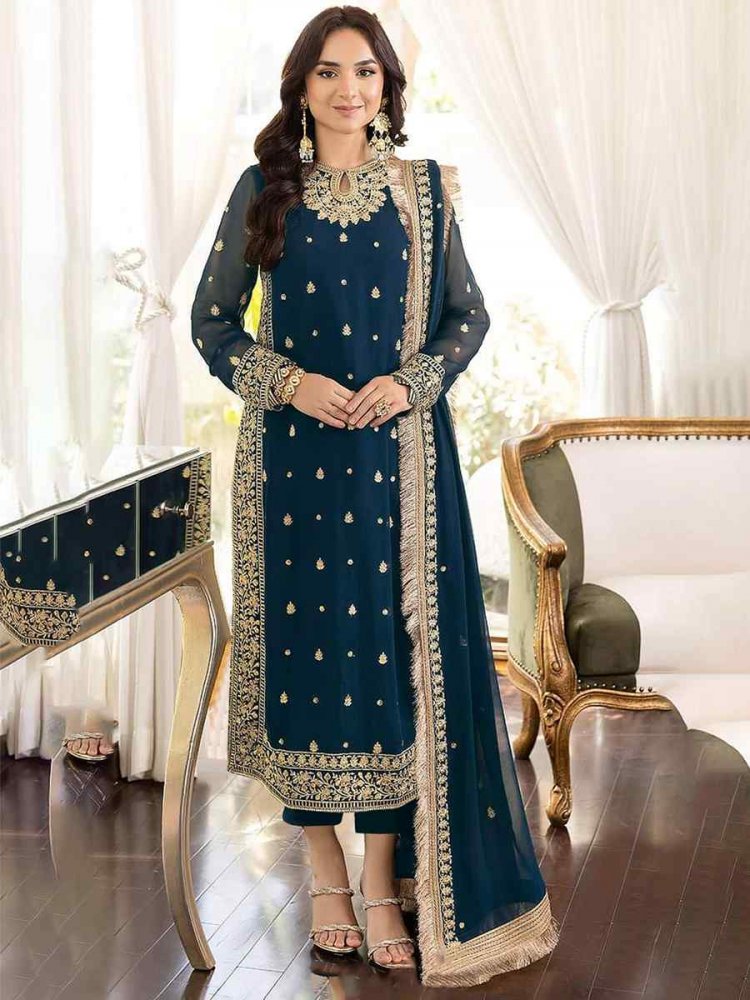 Blue Faux Georgette Embroidered Festival Party Pant Salwar Kameez
